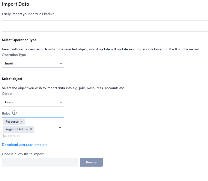 Select roles for the users you are importing in the data loader