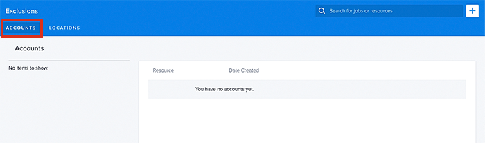 Viewing the exclusions list for accounts, in the data table.