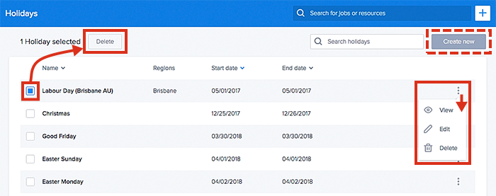 Viewing holidays in the data table.