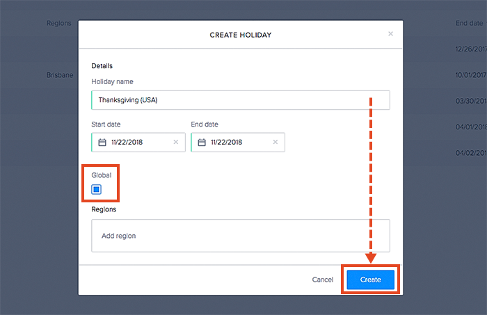 How to create a new global holiday using the data table.