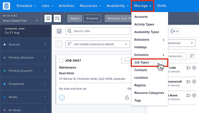 Accessing the job types list in the data tables.