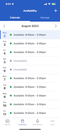 The availability calendar in the Skedulo Plus mobile app.