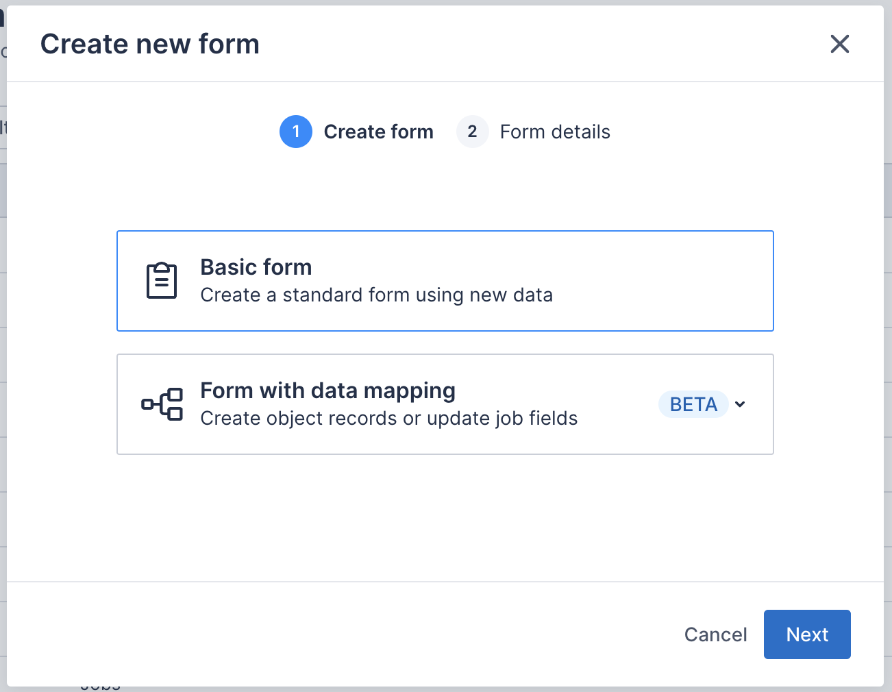 Create new forms modal