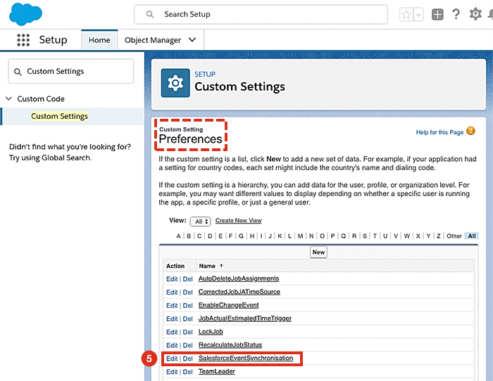 Locating the Salesforce Event Synchronization setting.