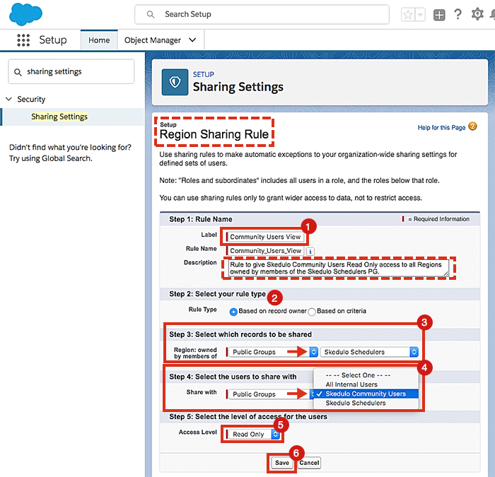 An example showing the creation of a sharing rule for regions.