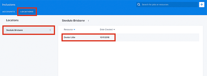 Viewing the data table for location inclusions, in Skedulo.