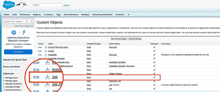 An example showing how to locate the object named job using Salesforce Classic.