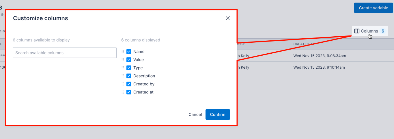 Options for showing and hiding columns of the configuration variables list.