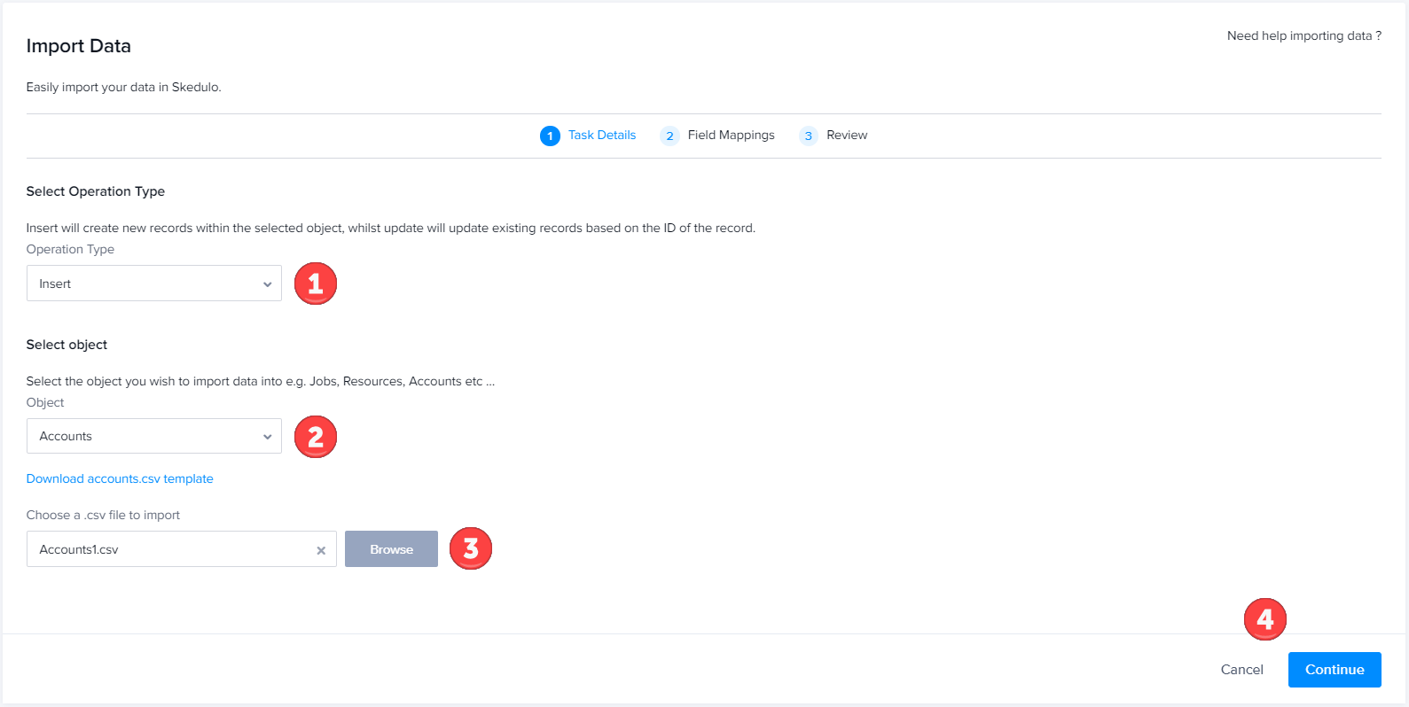 The Import data page with numbered callouts to illustrate the steps described.