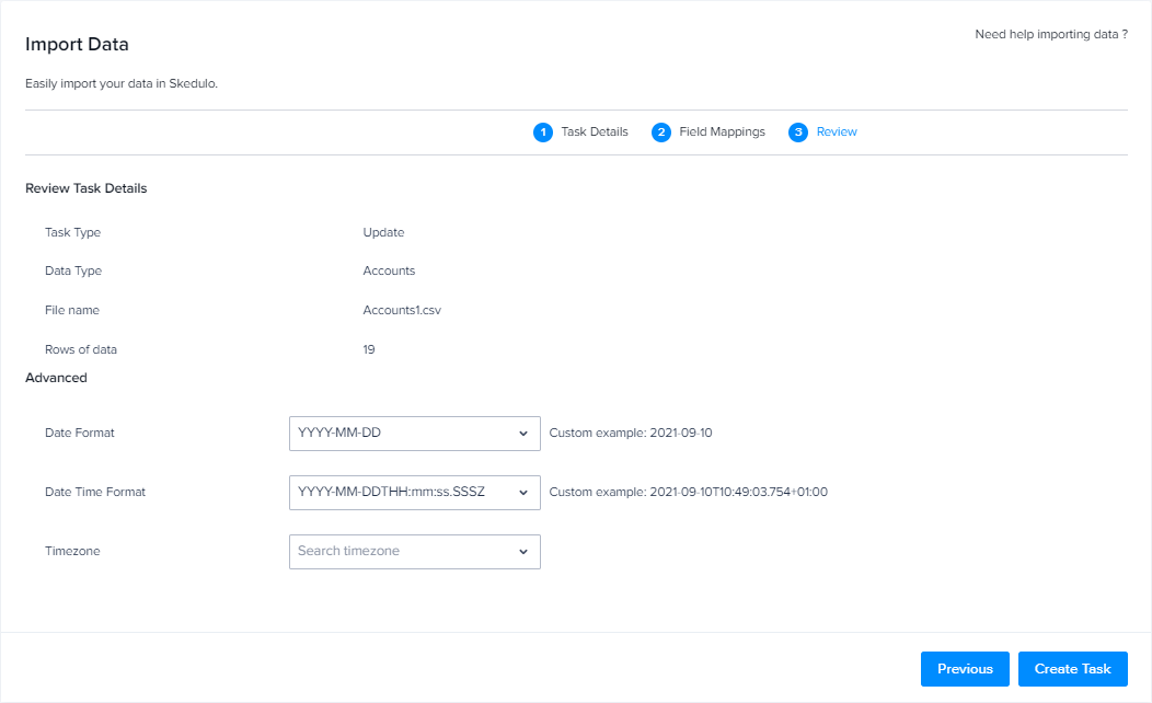 The Review stage of the Import data page showing the task details and the advanced date and time options.