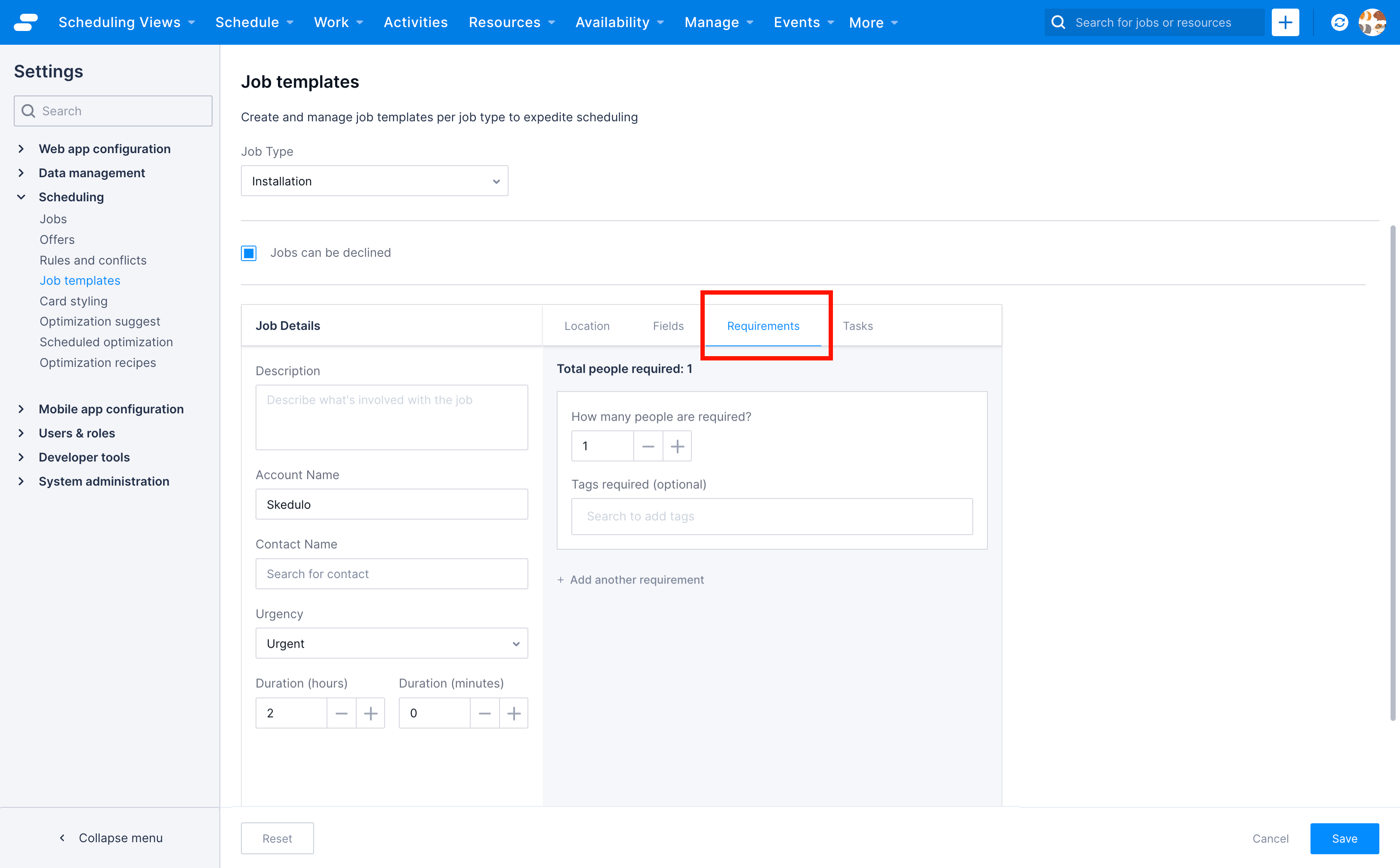 The requirements field options of the job template settings.