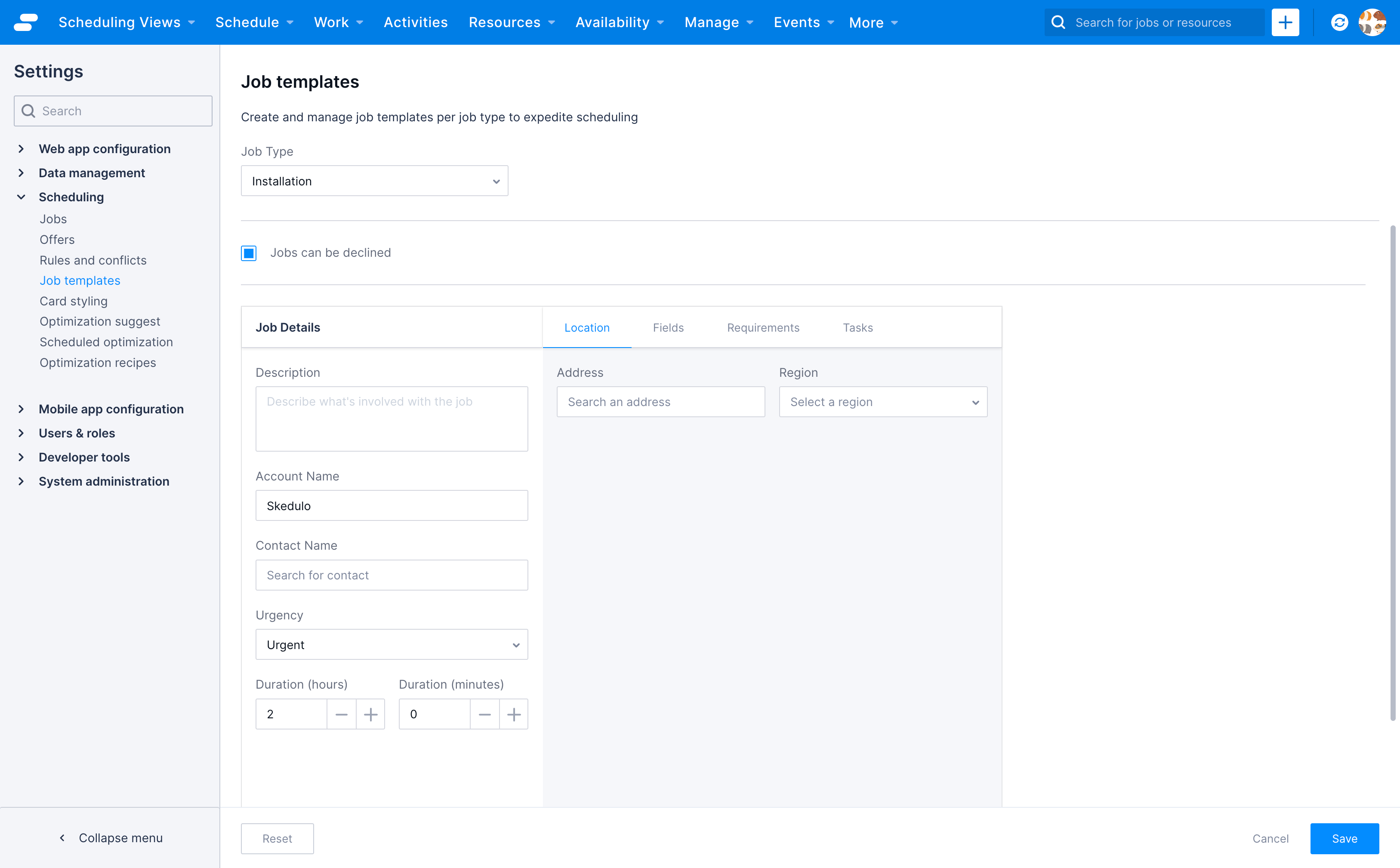 A job template for a job type in the admin settings