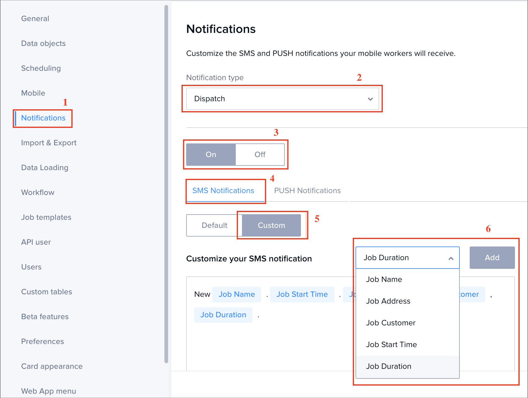 Screenshot of the settings for a custom dispatch SMS notification