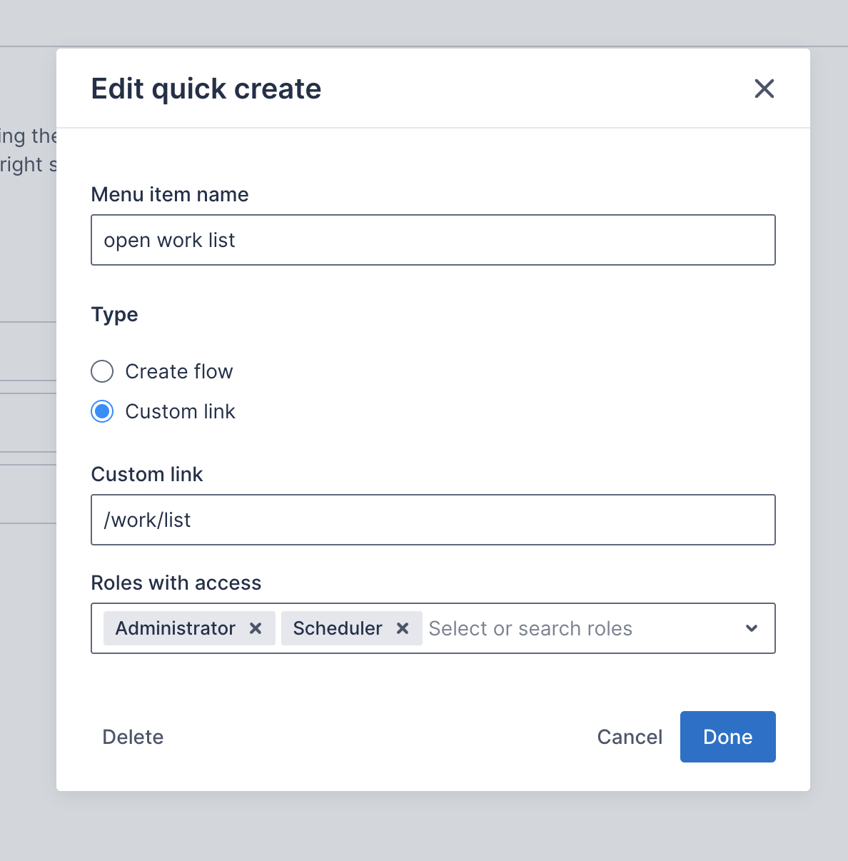 The Add quick-create menu item dialog for custom links.