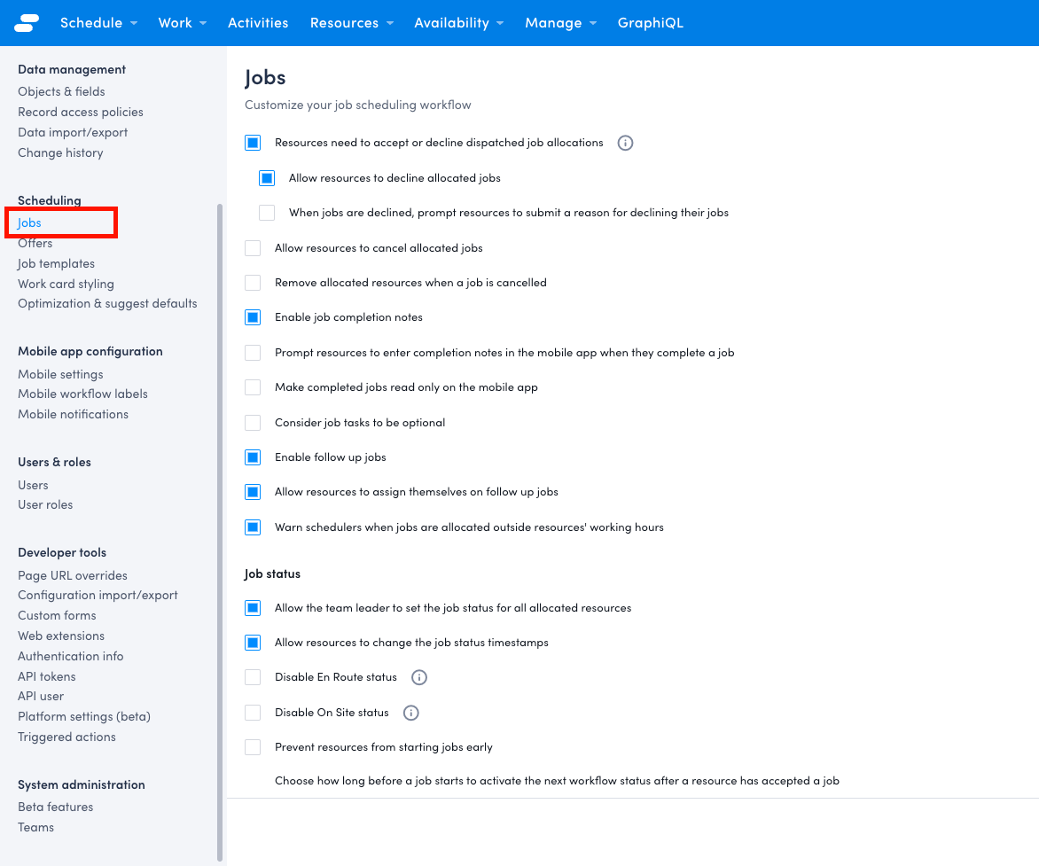 The job workflow settings.