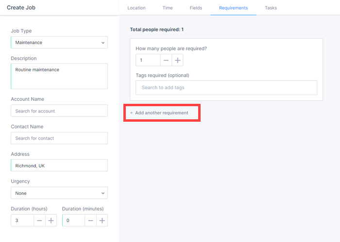 The Add another requirement option on the Create job page