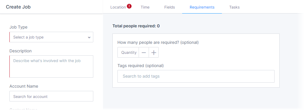 The Requirements tab on the Create Job page.