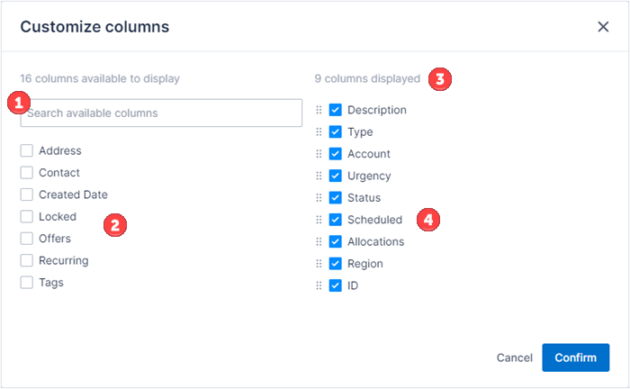 customize columns modal