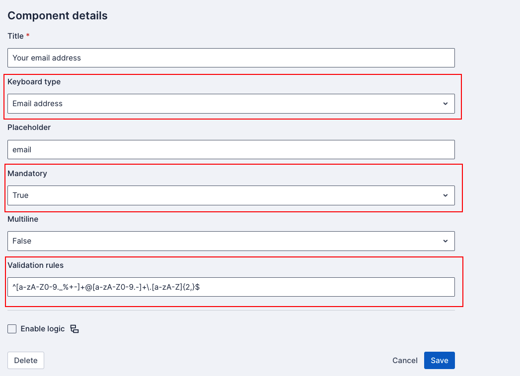 Text input component example in Skedulo Plus showing the validation rule