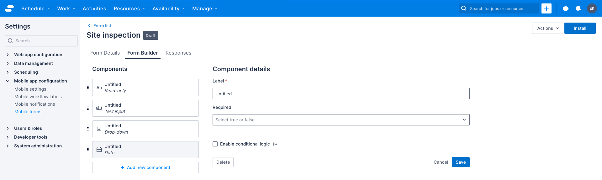 Date picker component example in Skedulo Plus