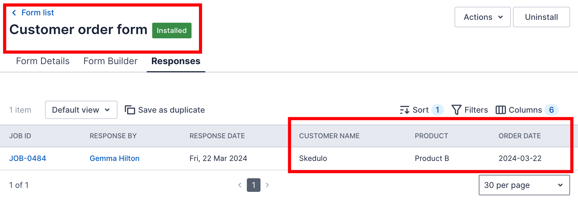 Form responses in the Skedulo web app