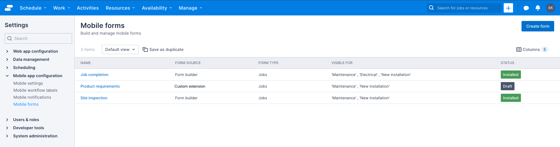 Mobile form settings page in the Skedulo web app