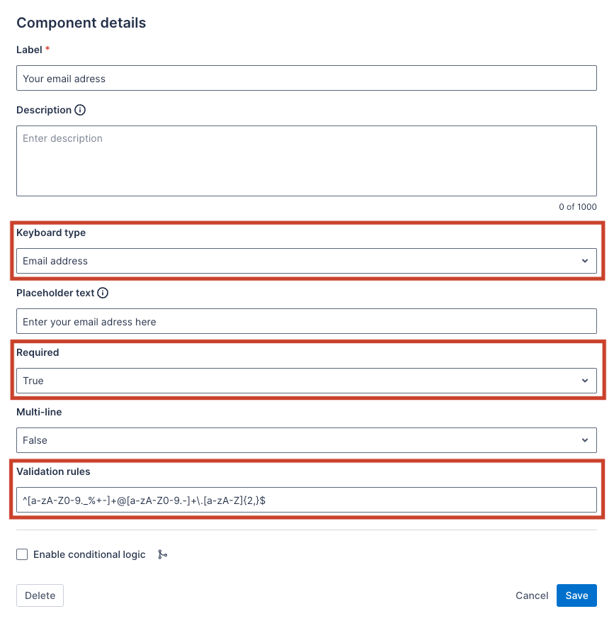 Text input component example in Skedulo Plus showing the validation rule