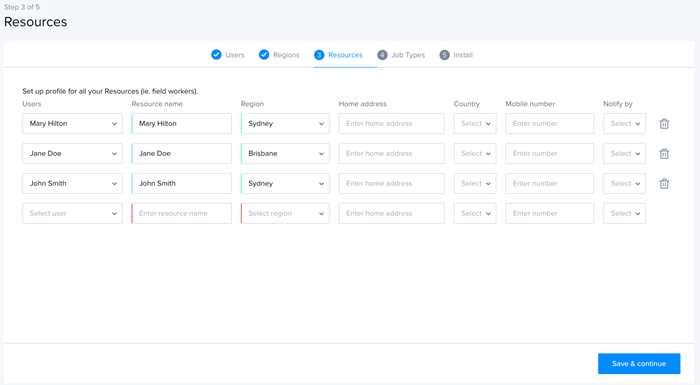 The resources configuration screen.