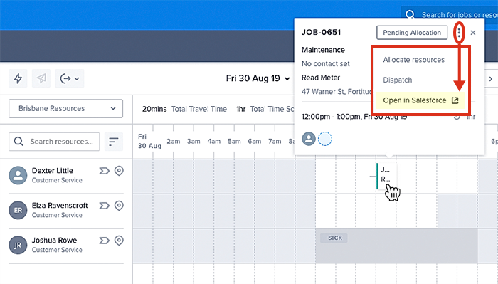 The open in salesforce option via a job card in the scheduling swimlanes.