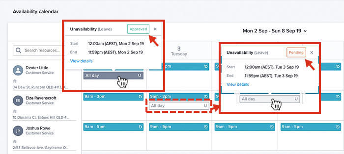 The availability calendar demonstrating several pending and approved types of availability requests.