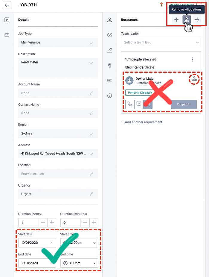 How to deallocate (or remove allocations) in job details.