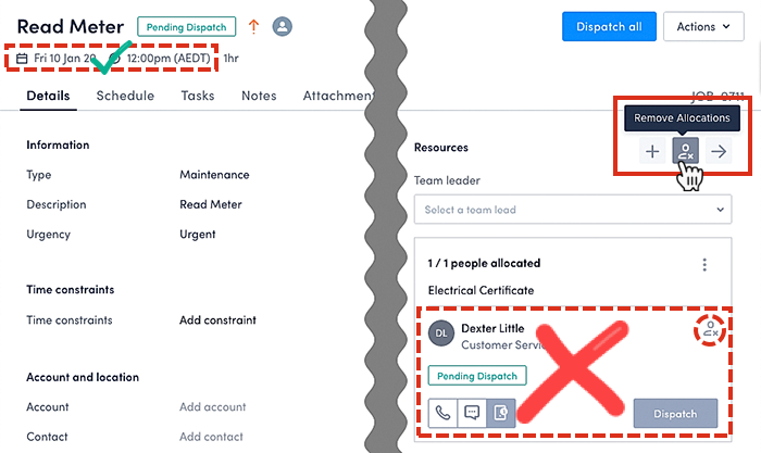 How to deallocate (or remove allocations) on the job page.