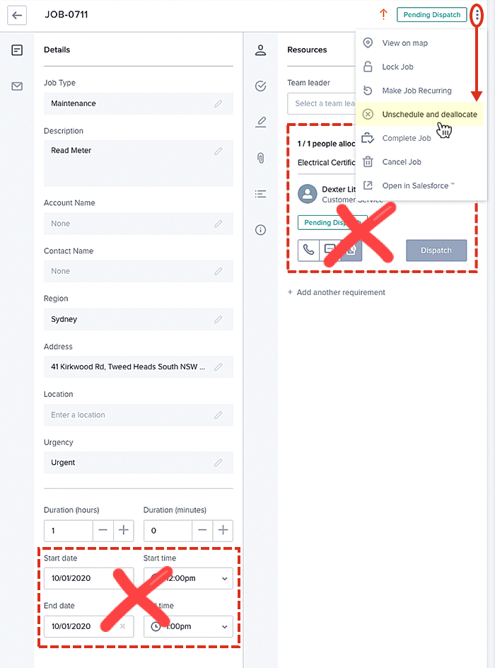 How to unschedule resources from a job in job details.