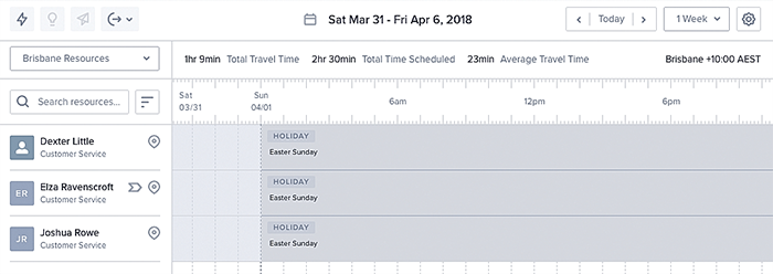 A view of the swimlanes with a scheduled regional holiday.