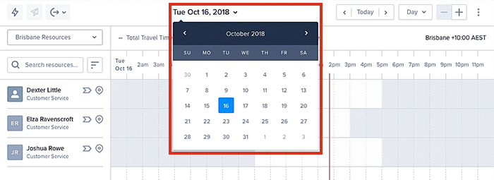 The date picker in the swimlane tab.