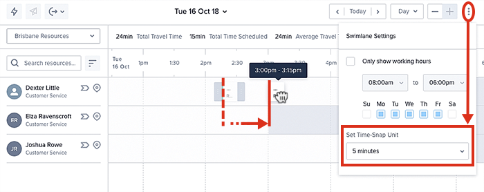 The time duration of a job card being increased in 5 minutes increments.