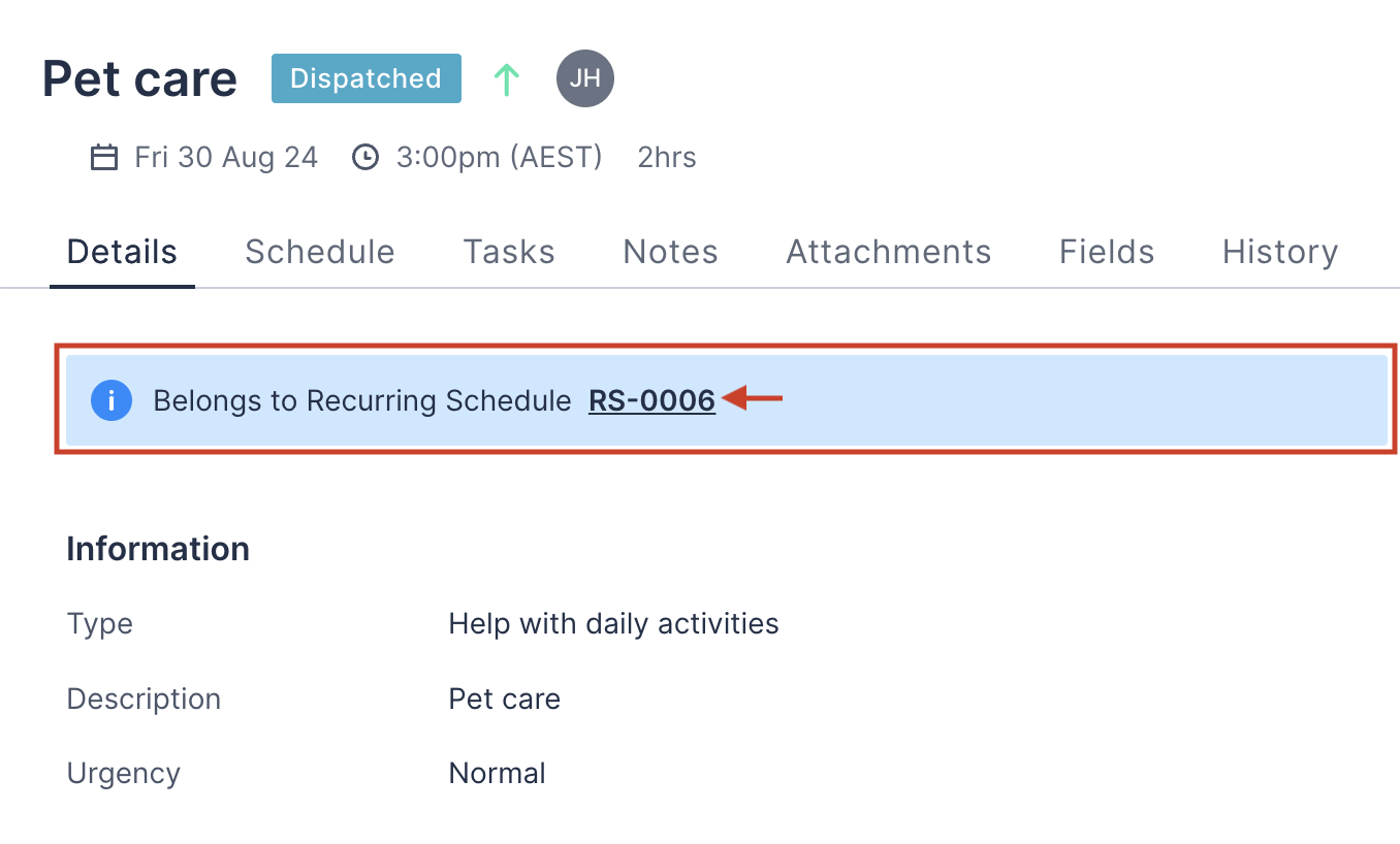 An example of the job page showing the job belongs to a recurring schedule (RS-0006).