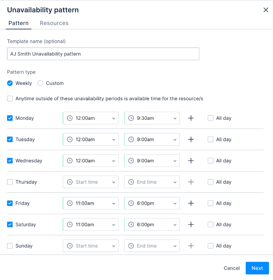 Create Unavailability pattern modal