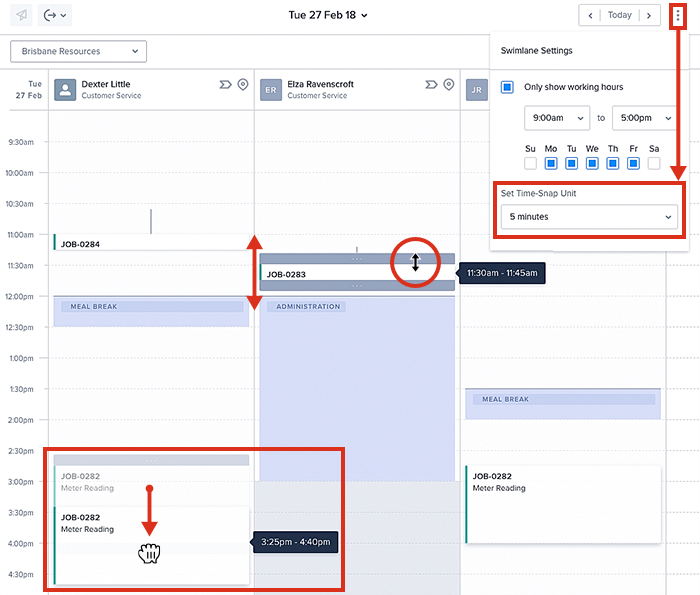 Changing the time allocation of job cards in the vertical swimlanes.