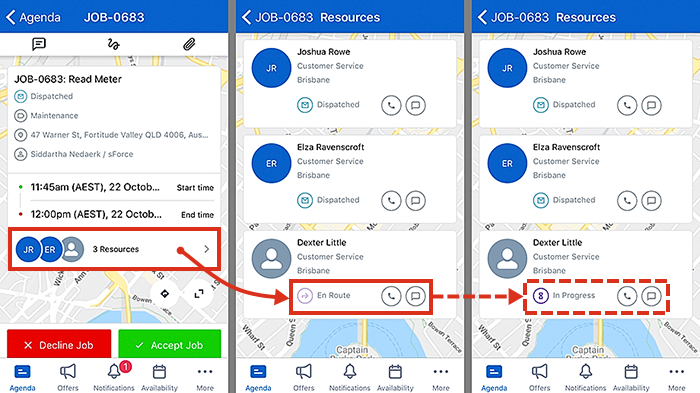 Examples showing how multiple resources, connected to a job in Skedulo, are listed.