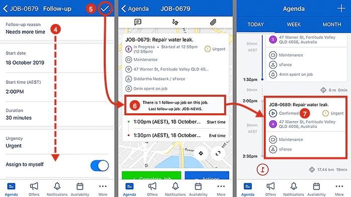 Skedulo, entering and saving the follow-up job details.