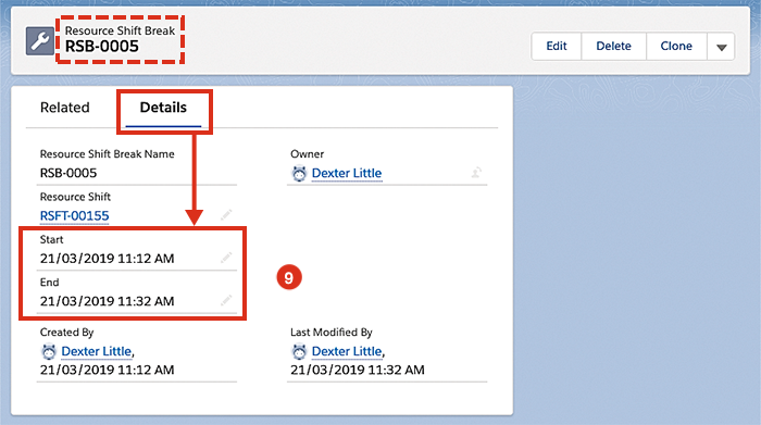 Viewing the start and end times of a resource shift break.