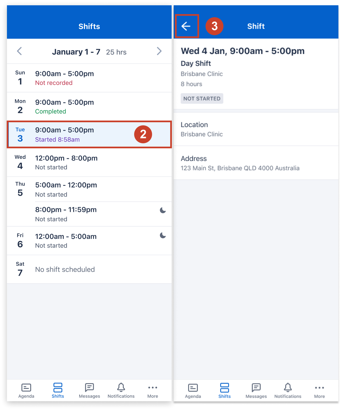 Accessing and viewing shifts on the Skedulo Plus mobile app.