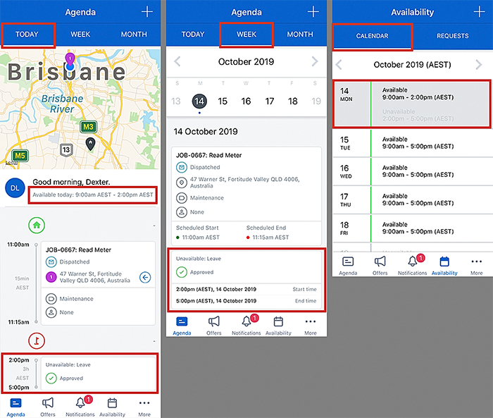 Examples showing the various places where a resource can view their availability.