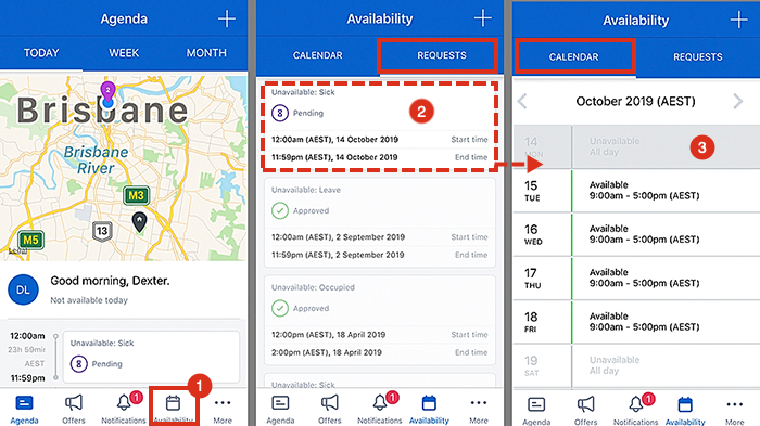 The availability view displaying a pending availabilityrequest.