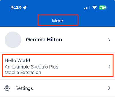 The Hello World extension in the Skedulo Plus app