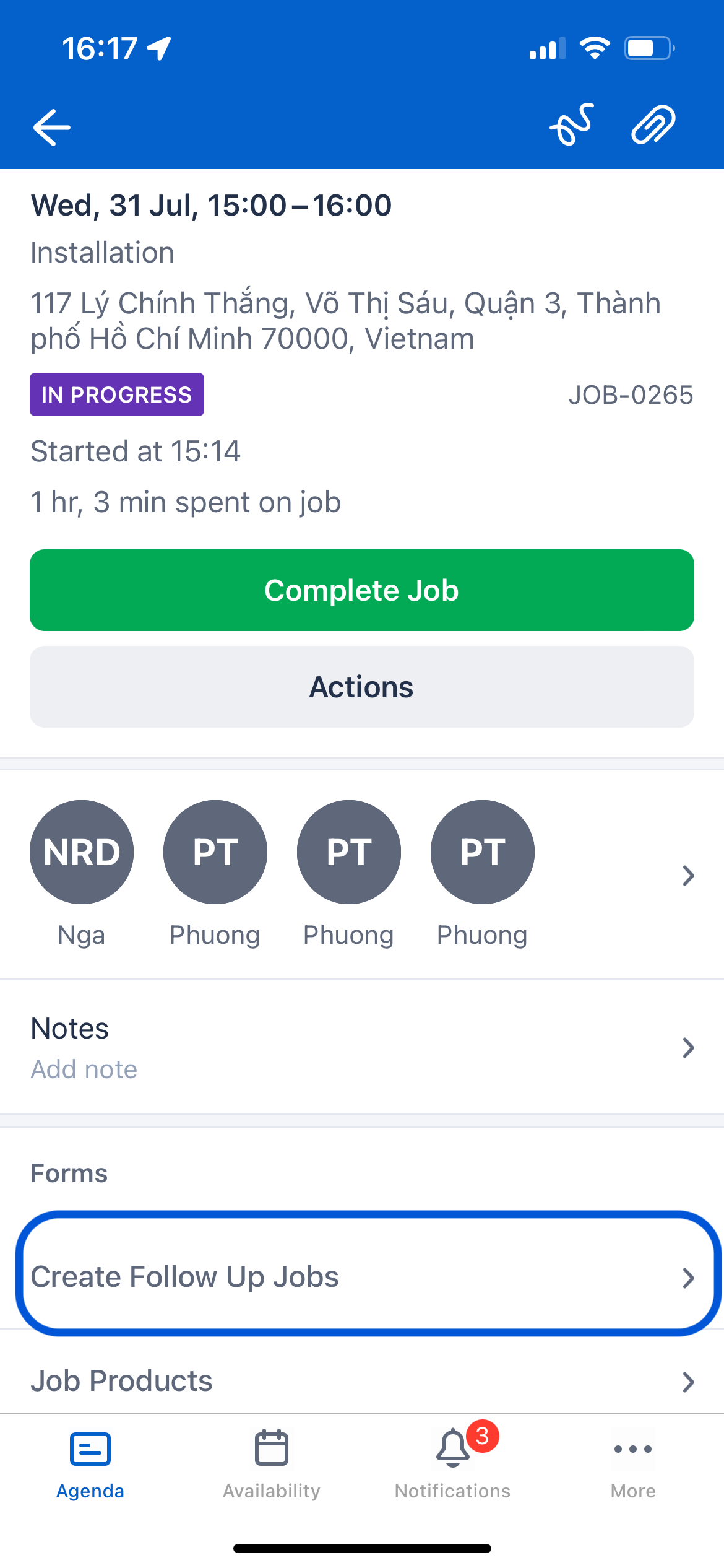 The mobile form on the job details screen in the mobile app