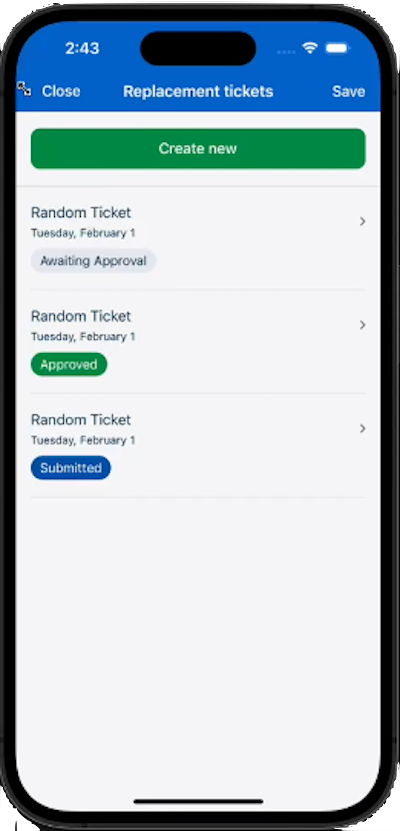 A screenshot of a mobile extension showing tickets in various stages of approval with tags showing their status