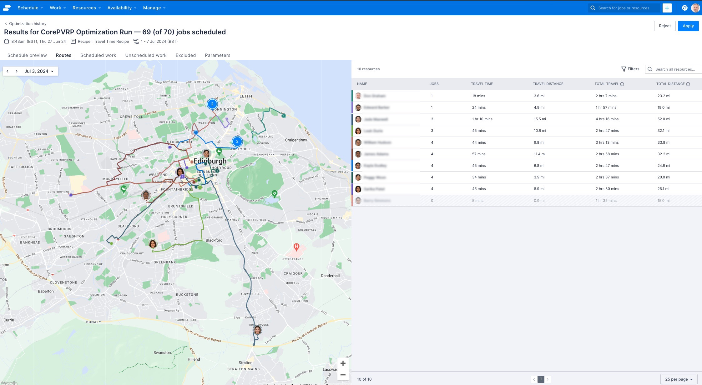 the routes tab on the Optimization results page