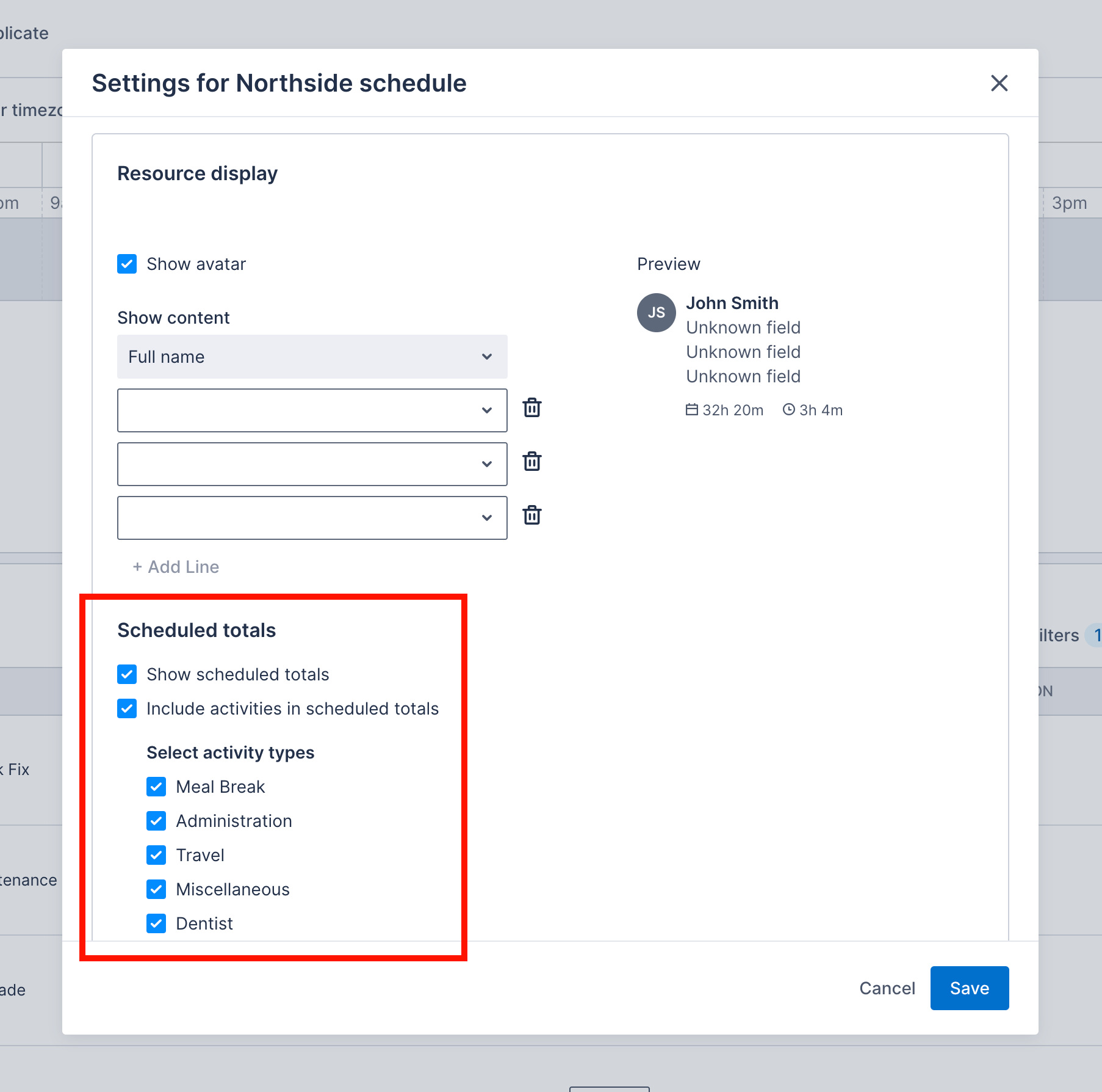 The scheduled totals section in the swimlane settings modal